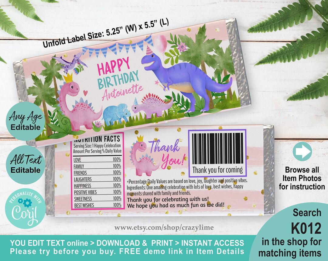 EDITABLE Dinosaur Girl Birthday Chocolate Candy Bar Wrapper Printable ...