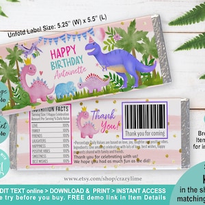 EDITABLE Dinosaur Girl Birthday Chocolate Candy Bar Wrapper Printable Template. Personalised Name, Age Pink Dino Party Favor 1.55 oz. K012