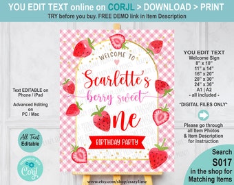 EDITABLE Strawberry ONE 1st Birthday Party Welcome Sign Printable Template. Berry Sweet One Girl First Birthday Poster. Pink Plaid. S017