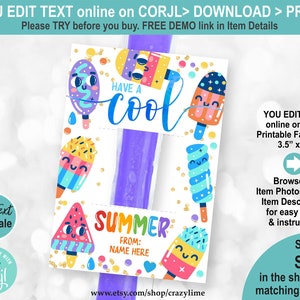 EDITABLE Popsicle Tag Have a Cool Summer. End of School Year Freeze Pop Holder. Ice Pop Card Personalised School Kid Class Gift Label S027