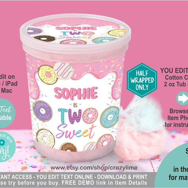EDITABLE Donut Two Sweet Cotton Candy 2 oz Tub Label. Personalised Party Favor Container Wrapper Printable Girl 2nd Birthday. Corjl 2039