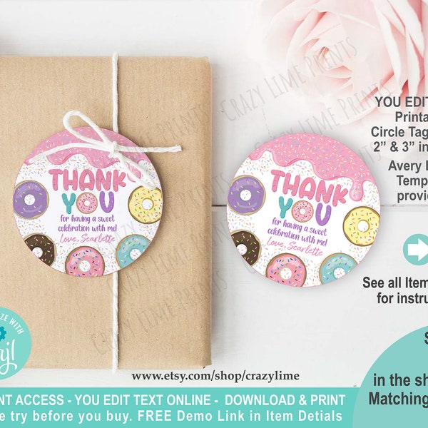 Donut Party Favor Thank You Tag. Personalised Sweet One 1st Birthday Party Gift Tag Sticker. 2 & 3 inch Circles Printable. Edit w Corjl 2039