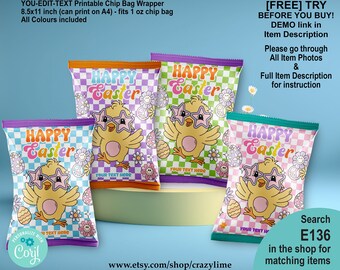 EDITABLE Happy Easter Chip Bag Template. Groovy Retro Chick Party Favors. Personalised Text Name Candy Treat Label. Printable Digital E136