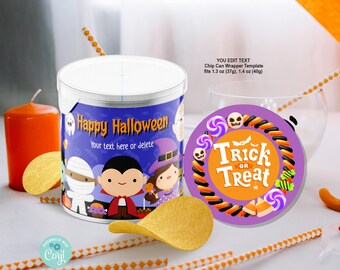 EDITABLE Halloween Chip Can Wrapper. Kid Costume Party Snack Treat Favors Printable Label Template. Customised Text Name. School Class HA923