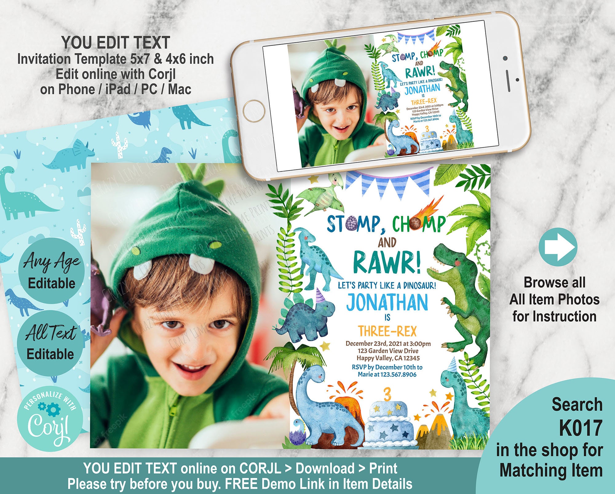 EDITABLE Dinosaur Birthday Photo Invitation Template Boy ThreeRex Cute Dino Invite Any Age Blue Green You Edit All Text w