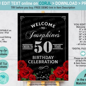Red Rose Woman Birthday Welcome Sign Editable Template. Party Decoration Elegant Silver & Black Printable Digital File. Edit w/ Corjl AB226