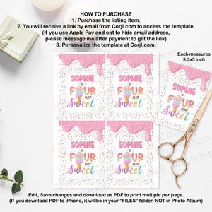 Peut inclure: Quatre cartes imprimables de 3,5 x 5 pouces avec un motif de cornet de glace rose et blanc. Le texte sur les cartes est "Sophie a quatre ans et est trop mignonne".
