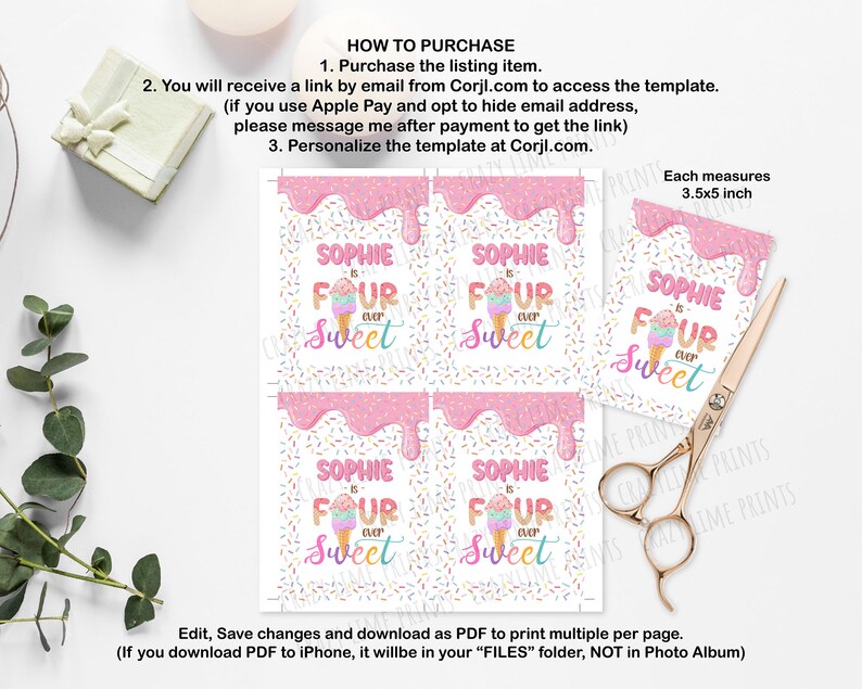Peut inclure: Quatre cartes imprimables de 3,5 x 5 pouces avec un motif de cornet de glace rose et blanc. Le texte sur les cartes est "Sophie a quatre ans et est trop mignonne".