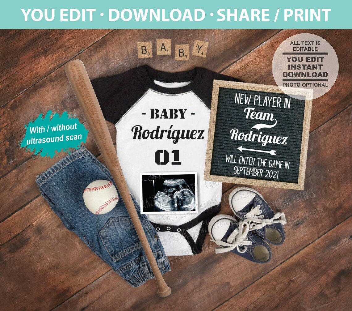 Baseball Digital Pregnancy Announcement. Social Media EDITABLE Etsy