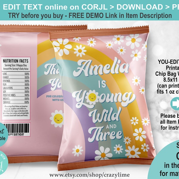 EDITABLE Young Wild and Three Chip Bag Wrapper Template. Personalised Birthday Party Favors Crisp Treat Label. Printable Goody Gift C005