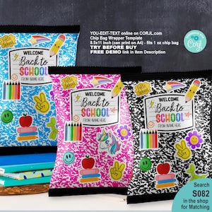 EDITABLE Back To School Chip Bag Wrappers. Composition Book First Day of School Treat Snack Label Printable Download Personalised Name S082
