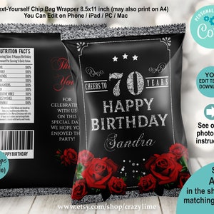 EDITABLE Woman 70th Birthday Chip Bag Wrapper. Red Rose Black and Silver Personalised Name and Age Printable Crisp Package. Digital AB226