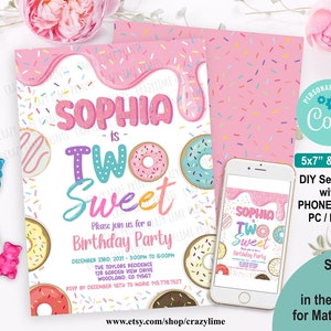 Editable Donut Two Sweet 2nd Birthday Party Invitation Template. Printable Digital Girl Second Birthday Invite. Pastel Rainbow Sprinkle 2039
