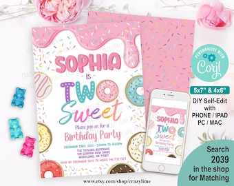 Editable Donut Two Sweet 2nd Birthday Party Invitation Template. Printable Digital Girl Second Birthday Invite. Pastel Rainbow Sprinkle 2039