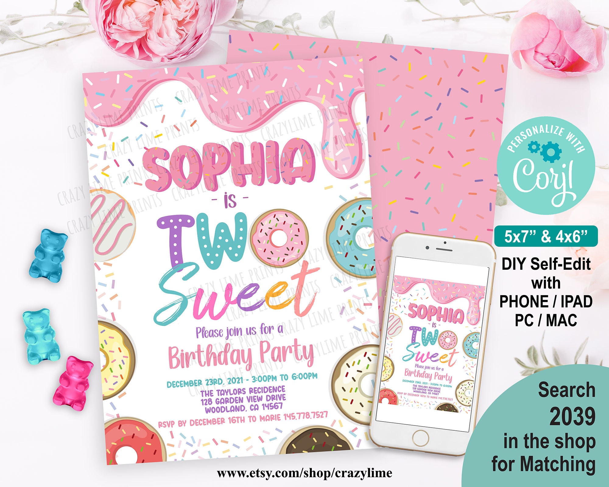 Editable Donut Two Sweet 2nd Birthday Party Invitation Template Printable Digital Girl Second Birthday Invite Pastel Rainbow