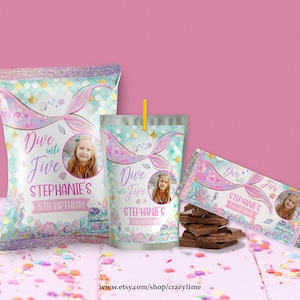 EDITABLE Mermaid 5th Birthday Party Favors Bundle Set of 3 Templates. Dive into Five 5. Chip Bag Chocolate Candy Bar Juice Treat Label S064