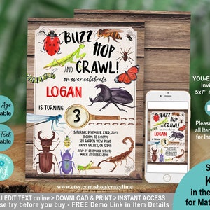 Insect Bugs Birthday Party Invitation Editable Template. Boy Bugging Out Party Invite. Bright Hand Drawn Beetles rhinocero Edit w Corjl K015