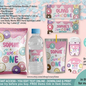 EDITABLE Donut Sweet One 1st Birthday Party Favors Bundle Template. Printable Pink Girl Party Treat. Personalised Chip Bag Chocolate 2039
