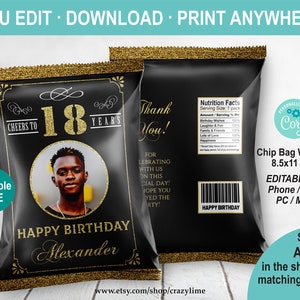 EDITABLE Cheers to 18 Years Birthday Photo Chip Bag. Black and Gold 18th Birthday Snack Bag Party Favor. Instant Download Printable AB126