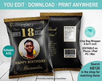 MODIFIABLE Cheers to 18 Years Birthday Photo Chip Bag. Noir et Or 18th Birthday Snack Bag Party Favor. Téléchargement instantané imprimable AB126