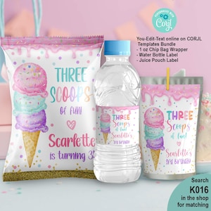 Op de afbeelding: Een feestartikelenbundel met een ijsjesthema. Inclusief een chipzak, waterfleslabel en sapzaklabel, allemaal versierd met kleurrijke ijshoorntjes en de tekst "Three Scoops of Fun!". De bundel is voor een 3e verjaardag.