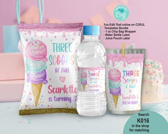 Ice Cream 3rd Birthday Party Favors Bundle Set 3 Scoops Fun EDITABLE Templates. Chip Bag Juice Water Bottle Wrappers, Treat Goody Label K026