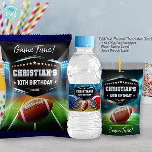May include: A printable set of editable party favor labels for a 10th birthday party with a football theme. The set includes a chip bag wrapper, a water bottle label, and a juice pouch label. The labels feature a blue and green color scheme with a football and a star design. The text on the labels reads "Game Time!" and "Christian's 10th Birthday".