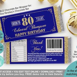 May include: Editable chocolate bar wrapper template featuring a blue and gold glitter design. The text reads "Cheers to 80 Years Edward Thompson Happy Birthday".
