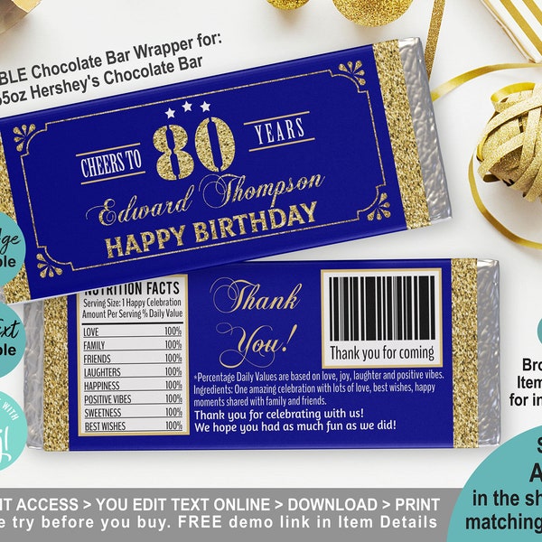 EDITABLE 80th Birthday Chocolate Candy Bar Wrapper Personalised Template. 1.55 oz  Chocolate Adult Man Birthday Party Favor Blue Gold AB126