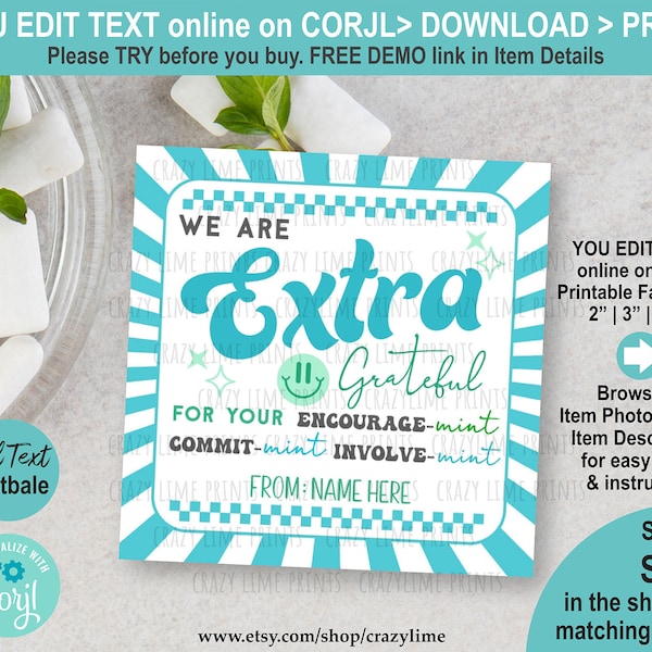 We are Extra Grateful For You Gum Gift Tag. Editable Personalised Name Teacher Coworker Volunteer Staff Thank You label Printable File S033