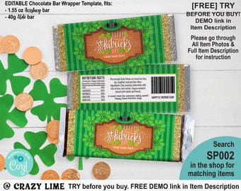 EDITABLE St Patrick's Day Chocolate Candy Bar Wrapper Personalised Template. Saint Patricks Party Favor Treat Label. Shamrock Clover SP002