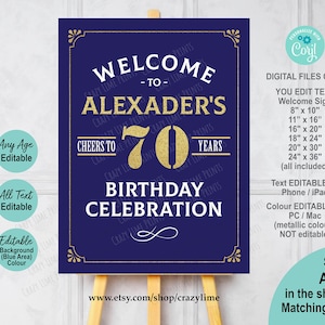 Cheers To 70 Years 70th Birthday Party Welcome Sign Editable Template. Classic Blue & Gold Printable Digital File Centerpiece Decor AB126