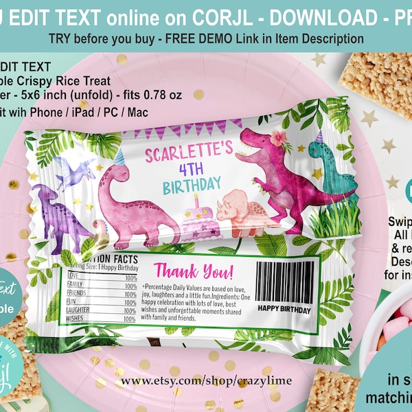 Girl Dinosaur Birthday Rice Treat Krispie Wrapper. EDITABLE Template. Pink T-rex Trex Personalised Name Printable Party Favor Label K017