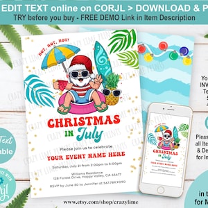 Editable Christmas in July Invitation. Beach Santa Summer Party Invite Template. Tropical Fun. You Edit Online w/ Corjl. S045