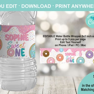 EDITABLE Donut Sweet One Birthday Water Bottle Label Template. Printable Pink Girl 1st Birthday Party Favor. Personalised Table Decor 2039