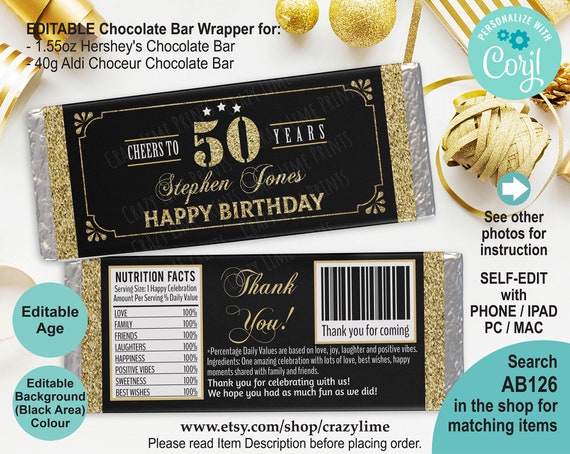 EDITABLE 50th Birthday Chocolate Candy Bar Wrapper - Etsy
