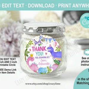 EDITABLE Girl Dinosaur Party Favor Tag. Personalised Pink Dino Party Thank You Gift Tag Label. 2 and 3 inch Circles Printable. Corjl K012