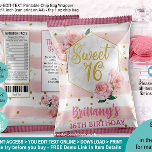 EDITABLE Sweet Sixteen 16 Chip Bag Template. Personalised Pink Rose and Gold Crisp Party Favors Treat Bag. Printable Packaging DIY 2031