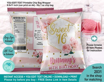 EDITABLE Sweet Sixteen 16 Chip Bag Template. Personalised Pink Rose and Gold Crisp Party Favors Treat Bag. Printable Packaging DIY 2031