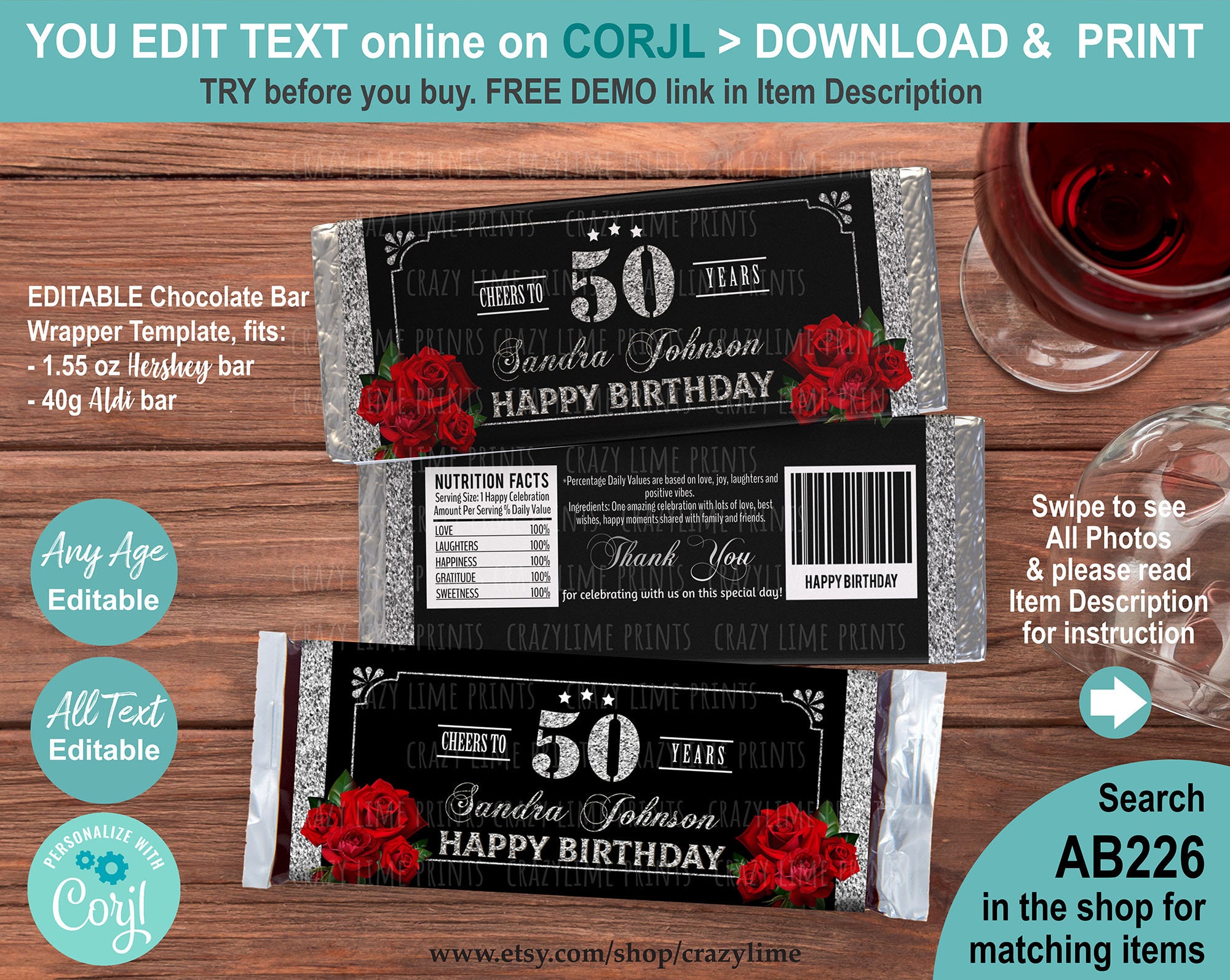 Perfect Wrapper For Red Roses Red Rose and Silver Birthday Chocolate Candy Bar Wrapper Editable ...