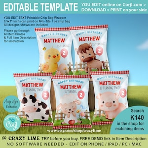 May include: Printable chip bag wrappers featuring a farm animal theme. The wrappers are decorated with a red and white checkered pattern and feature a variety of farm animals, including a chick, a horse, a cow, a pig, and a lamb. The wrappers are personalized with the name "Matthew" and the age "2".