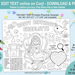 EDITABLE Mermaid Birthday Party Placemat. Personalised Coloring Game Activity Table Decoration for Girl. Printable Under The Sea Pool SM008