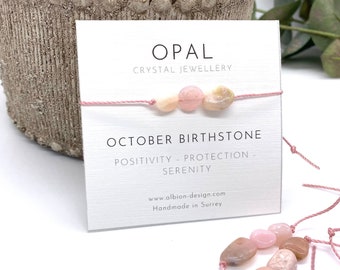 Pulsera de ópalo: macramé ajustable con cristal de piedra natal de octubre