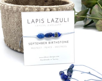 Pulsera de piedra de nacimiento de septiembre - Pulsera de lapislázuli - Cristal de lapislázuli - Pulsera de cristal azul - Cumpleaños de septiembre - Regalo de septiembre