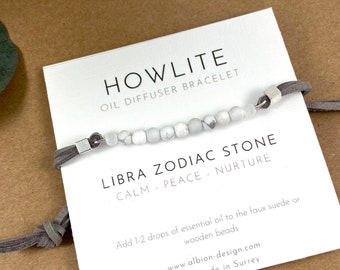 Libra Crystal Bracelet - Adjustable Bracelet - Friendship Bracelet - Howlite Gemstone Bracelet - Peace - Oil Diffuser Bracelet