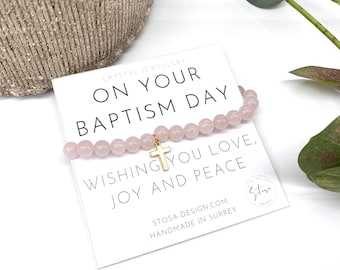 Rose Quartz Baptism Bracelet - Baptism Gift Idea - Unique Baptism Gift - Baptism Gift for Adults - Gold Cross Bracelet