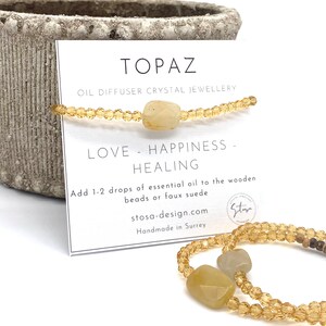Topaz Kristall Armband, Öl Diffusor Armband, Zierliche Kristall Armband, Kokosnuss Holz Armband, November Geburtsstein
