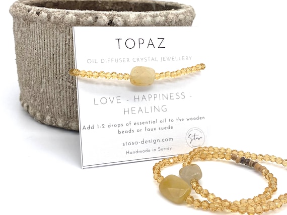Topaz Crystal Oil Diffuser Bracelet: Coconut Wood, November Birthstone