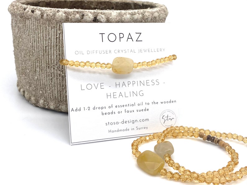 Topaz Crystal Oil Diffuser Bracelet: Coconut Wood, November Birthstone image 1