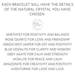 May include: A list of different crystals and their associated meanings. Amethyst for positivity and balance, rose quartz for love and friendship, green spot jasper for joy and positivity, blue sodalite for clarity and wisdom, grey agate for calm and strength, howlite for peace and calm, amazonite for creativity and positivity, and aventurine for love and luck.